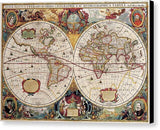 Antique Maps of the World Double Hemisphere Map Henricus Hondius c 1630 - Canvas Print