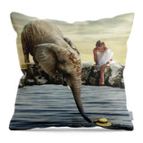 Elephant Girl Water Child Hat Help Bird Gulls - Throw Pillow