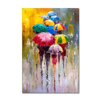Hand Painted Oil Painting On Canvas Abstract People In the Rain With Colorful Umbrellas Wedding Decoration