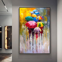 Hand Painted Oil Painting On Canvas Abstract People In the Rain With Colorful Umbrellas Wedding Decoration