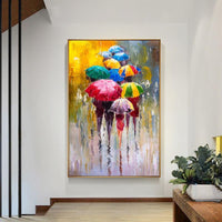 Hand Painted Oil Painting On Canvas Abstract People In the Rain With Colorful Umbrellas Wedding Decoration