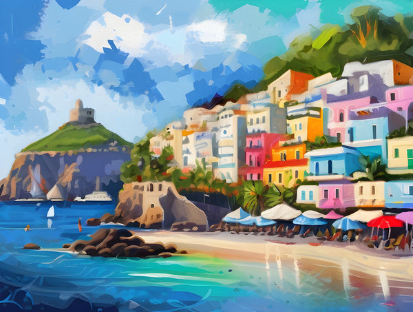 AI art colorful painting of ischia island beach Italy 1