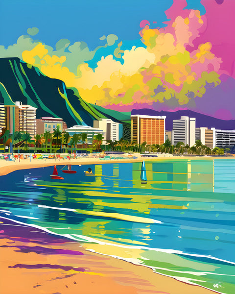 AI art colorful painting of waikiki beach Honolulu Hawaii USA 2