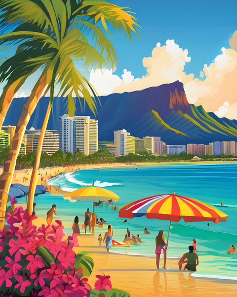 AI art colorful painting of waikiki beach Honolulu Hawaii USA 4