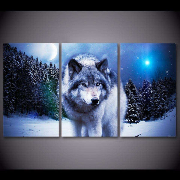 3 Pieces Snow Wolf Moon Wall Art WITH FRAME HQ Canvas Print