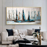 Abstract Blue And White Sailboats On The Sea Hand Painted Oil Painting On Canvas Wall Art For Home Decoration