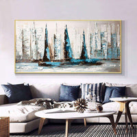 Abstract Blue And White Sailboats On The Sea Hand Painted Oil Painting On Canvas Wall Art For Home Decoration