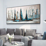 Abstract Blue And White Sailboats On The Sea Hand Painted Oil Painting On Canvas Wall Art For Home Decoration