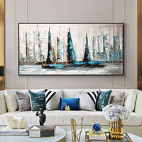 Abstract Blue And White Sailboats On The Sea Hand Painted Oil Painting On Canvas Wall Art For Home Decoration