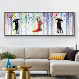 Abstract Lovers Kiss Under Umbrellas In The Rain Oil Painting On Canvas Hand Painted Wall Art Decoration