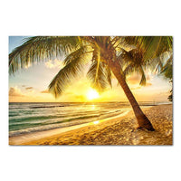 Golden Sea Summer Beach Picture Golden Sunset with Coconut WITH FRAME HQ Canvas Print