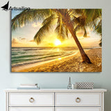 Golden Sea Summer Beach Picture Golden Sunset with Coconut WITH FRAME HQ Canvas Print