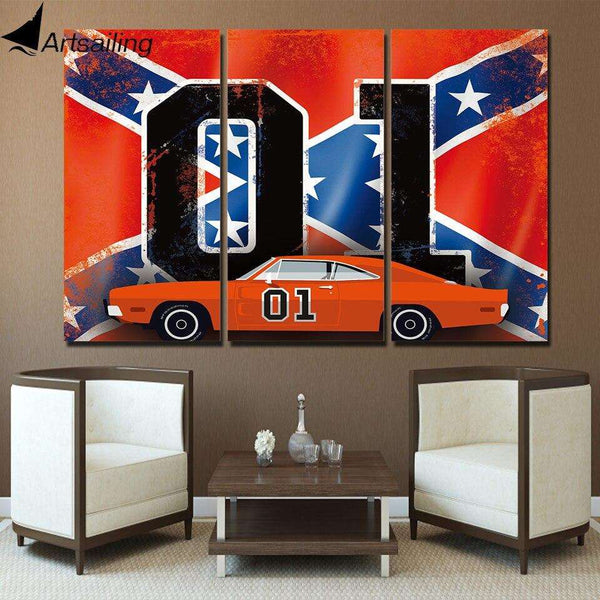 3 Panel Canvas Art Red Car With X Flag WITH FRAME HQ Canvas Print