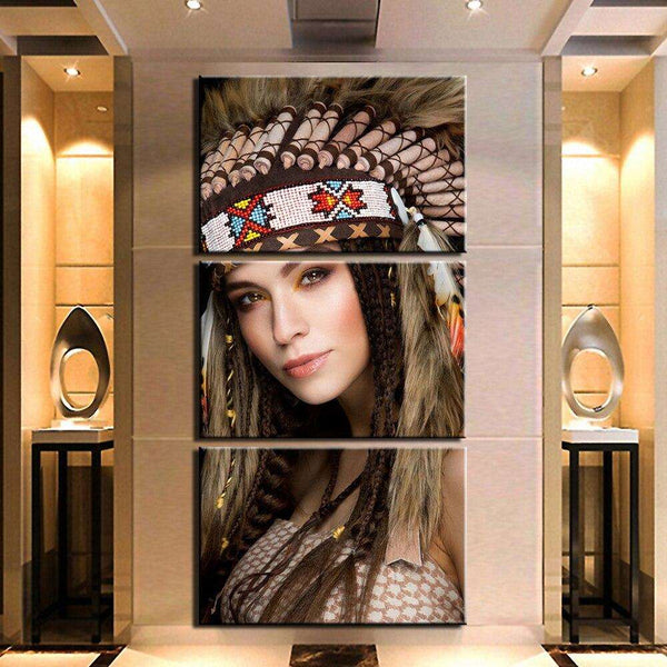 3 Panel Native tribe warrior beauty woman Pictures WITH FRAME HQ Canvas Print