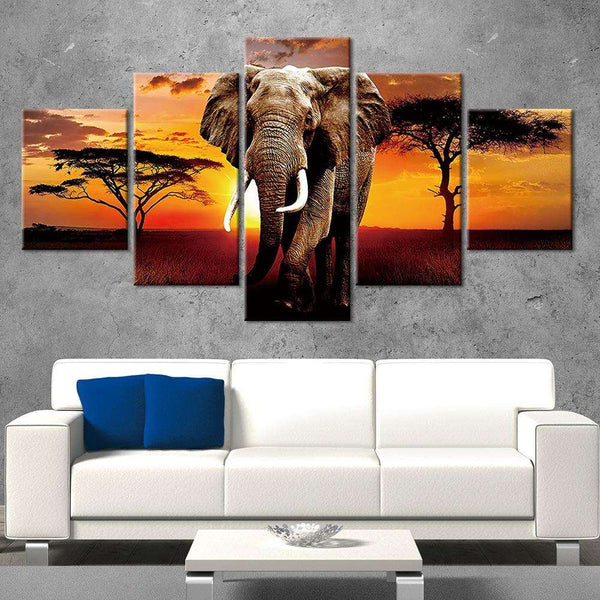 5 Panel Wall Art Sunset elephant Prints Wall Pictures WITH FRAME HQ Canvas Print