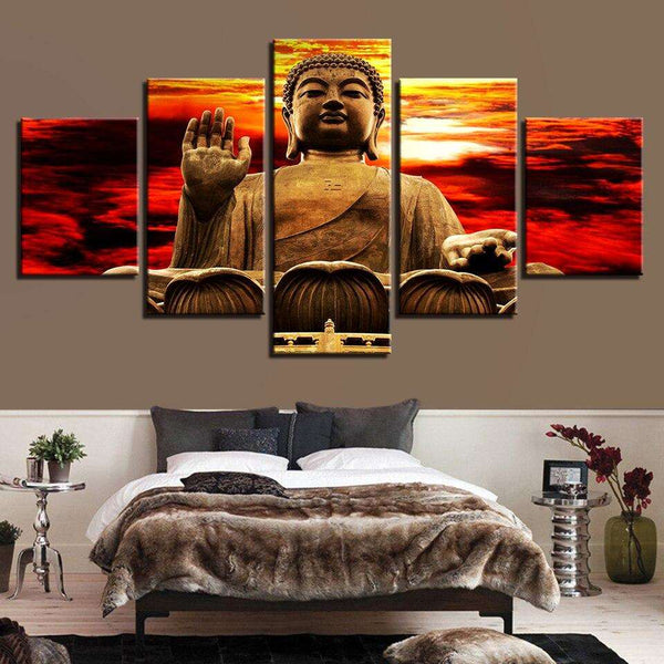 5 Pieces Sunset Golden Buddha Statue HQ Canvas Print Home Decor WITH FRAME