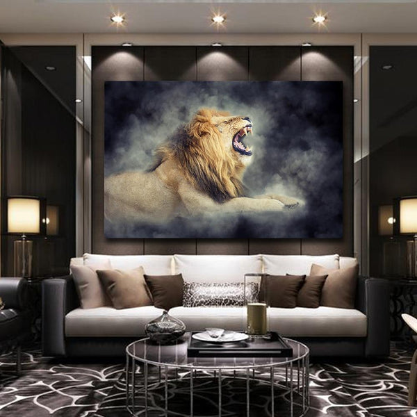 Male Lion In Smoke Cool Wall Art Living Room FRAME AVAILABLE HQ Canvas Print