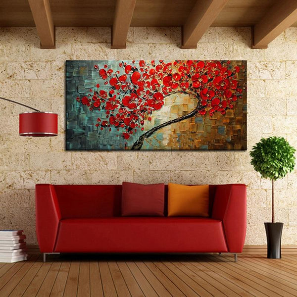 Abstract Red Flower Tree Knife Oil Painting On Canvas Beautiful