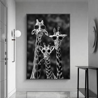 Kids Room Funny Giraffe Family with Sunglasses Canvas Posters and Prints Black and White Animals