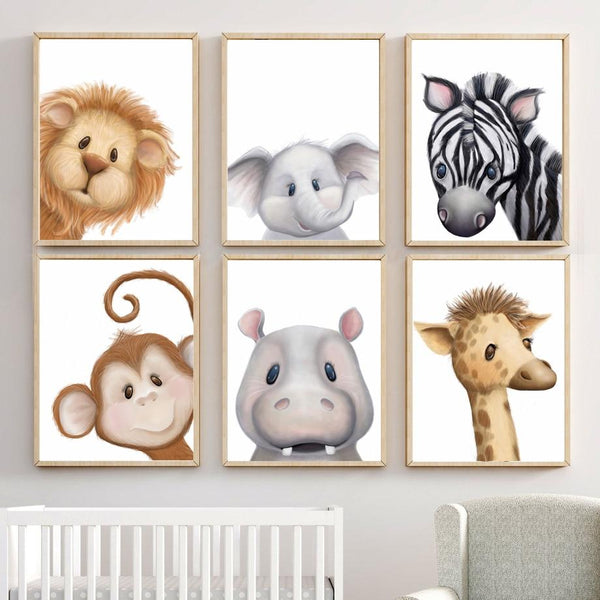 Kids Room Giraffe Elephant Lion Zebra Hippo Nursery Wall Art Baby Decor HQ Canvas Print