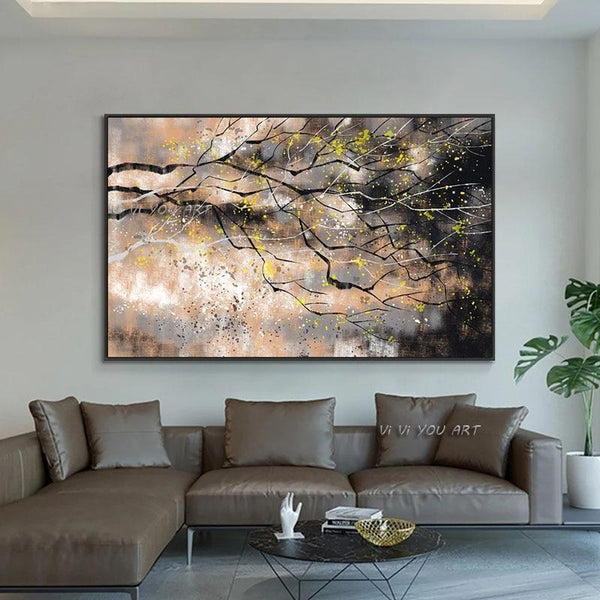 Hand Painted Abstract Black Trees With Yellow Leaves On Canvas Trees For Living