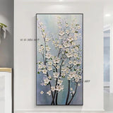 Hand Painted Abstract White Flowers Tree Modern On Canvas Decor Office