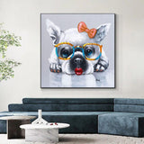 Hand Painted Abstract Dog Bowknot Glasses Art Oil Painting On Canvas Modern Animal