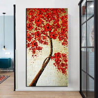 Hand Painted Abstract Modern Knife Red Flower Tree Oil Painting On Canvas