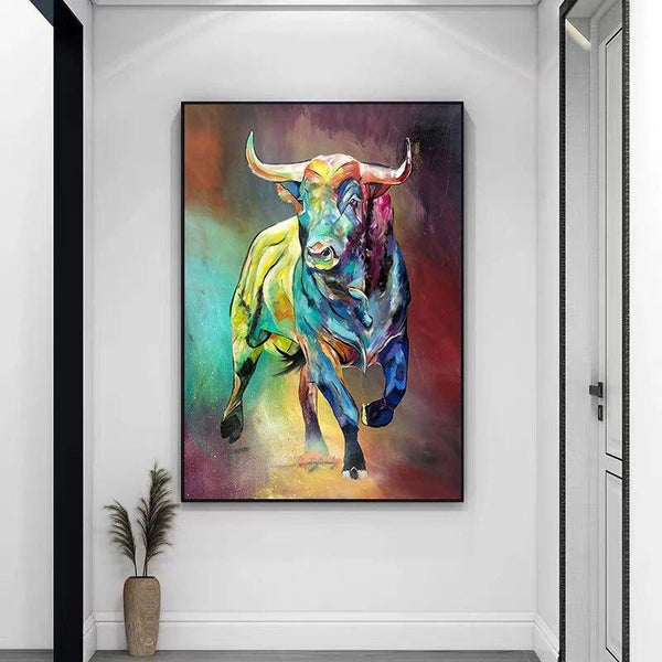 Abstract Colorful Bull Hand Painted Canvas Painting Animal Decorative Painting On The Wall