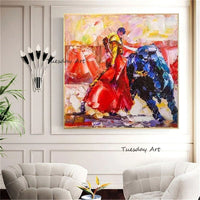 Hand Painted Character Oil Painting Animal Abstract Spanish Matador And Bull Mural Thick Texturess