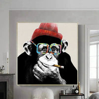 Hand Painted Oil Painting Abstract Gorilla with glasses and smoking On Canvas Wall Art Wall Adornment