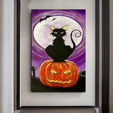 Hand Painted Modern Abstract Oil Painting on Canvas Pumpkin Night Cat Abstract Halloween