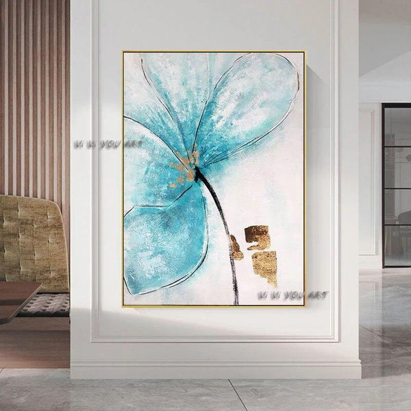 Hand Painted On Canvas Modern Abstract Water Blue Flowers Large