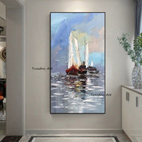 Hand Painted Modern Oil Painting Abstract Seascape Sailboat the Sea Canvas Painting Decor