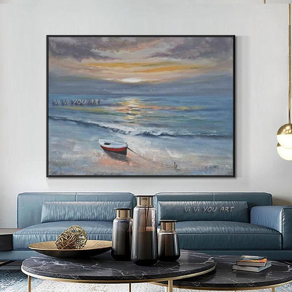 Blue Seascape With Beautiful Sunset Glow Painting On Canvas Abstract Hand Painted Painted Landscape Wall