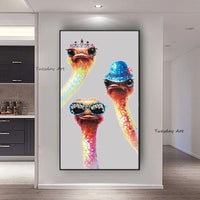 Hand Painted Modern Pop Art Animal Oil Painting Cool Funny Bird Oil Painting Ostrich For Kids Room Decorative