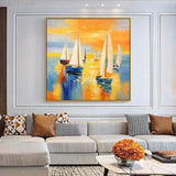 Hand Painted Oil Painting Sailing Hand Painted Modern Sunset Boats In Sea On Canvas