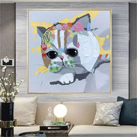 Hand Painted Oil Painting Animal Cat Painting Modern Abstract Numbers Unique Children's Room