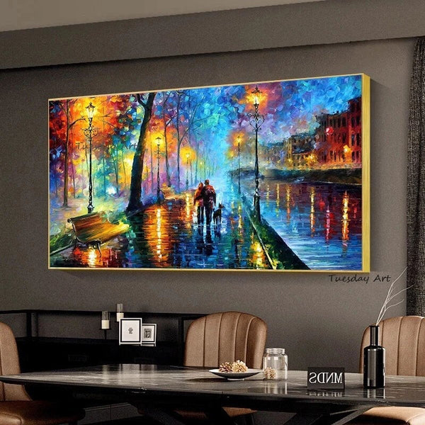 Lover Walking In The Rain Hand Painted Modern Abstract Landscape Canvas Painting Corridor