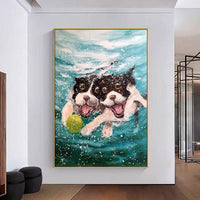 Modern Hand Painted Funny Animal Dog Underwater Art Wall Canvas Creative Mural Home Room Decor