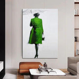 Hand Painted Oil Painting Simple Character Room Green Clothes Woman Umbrella Abstract Canvas