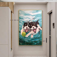 Modern Hand Painted Funny Animal Dog Underwater Art Wall Canvas Creative Mural Home Room Decor