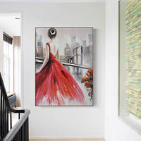 Hand Painted Canvas Abstract Girl With Red Dress Art Painting Decor Modern For Wall