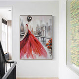 Hand Painted Canvas Abstract Girl With Red Dress Art Painting Decor Modern For Wall