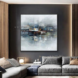 Hand Painted Thick Acrylic Painting Landscape Wall Art Abstract Geometric On Canvas For Bedroom