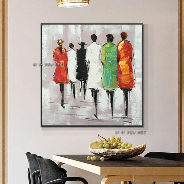 Hand Painted Painted Painting Abstract Women Walking In The Street On Canvas Classical Wall