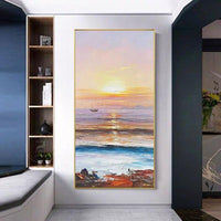 Hand Painted Beautiful Oil Painting Seascape Sea Sunset Seagull Reef Orange Yellow Background Modern Canvas Painting Porch Mural