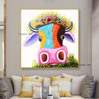 Hand Painted Modern Cow Head Art Oil Painting On Canvas