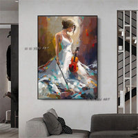 Abstract Hand Painted Art with Girl Play Violin Modern in Living room Bedroom