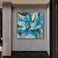 Hand Painted Blue Flowers Gold Foil Noble Decorative Modern Canvas Painting Wall Art